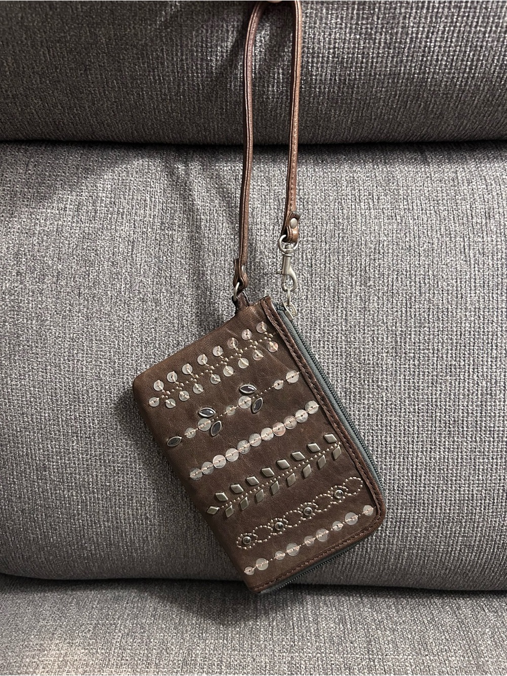 Fossil Brown Leather Embellished Wristlet Wallet